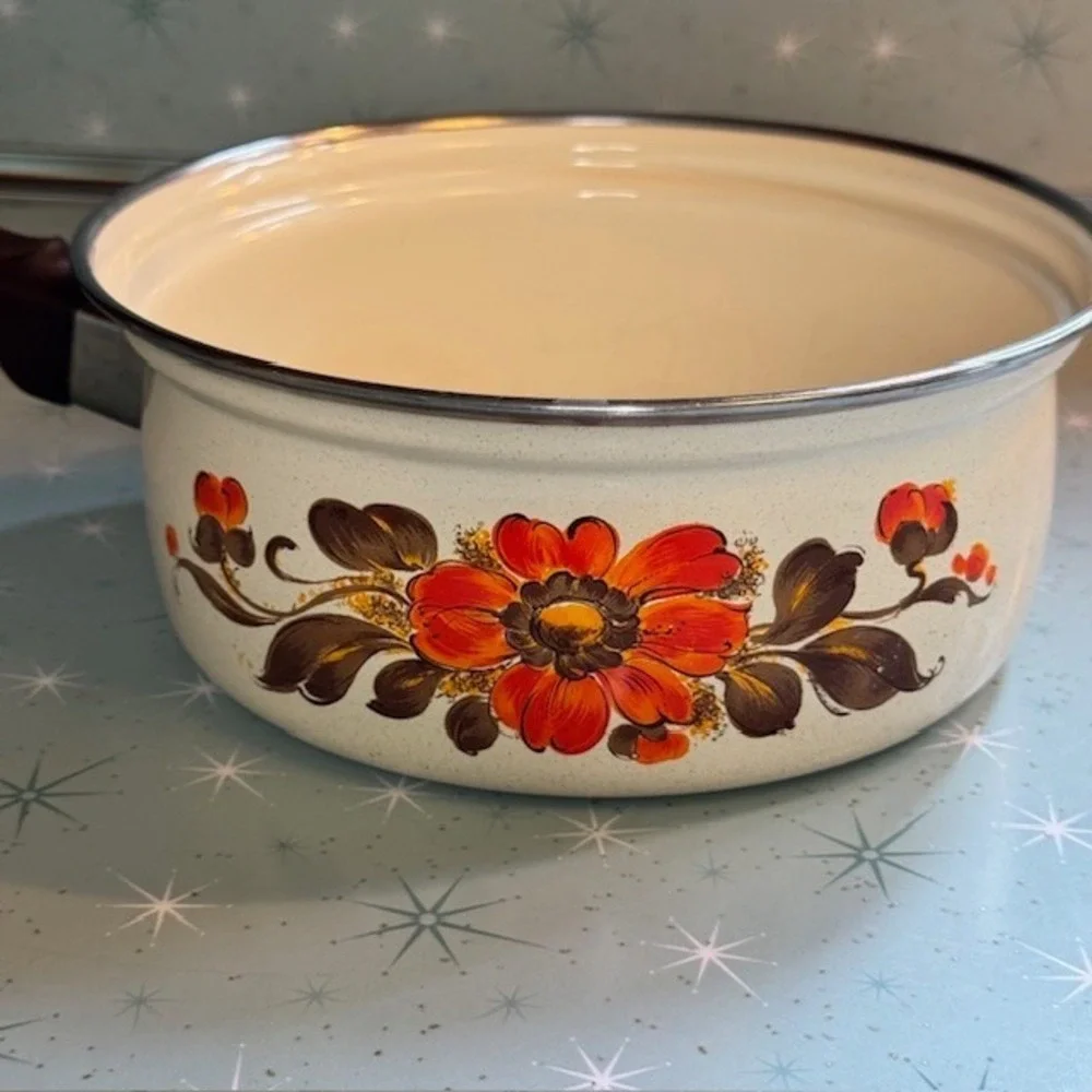 Vintage 1970s Moneta #18 Enamel Saucepan Pot Orange &‎ Brown Floral Boho Italy